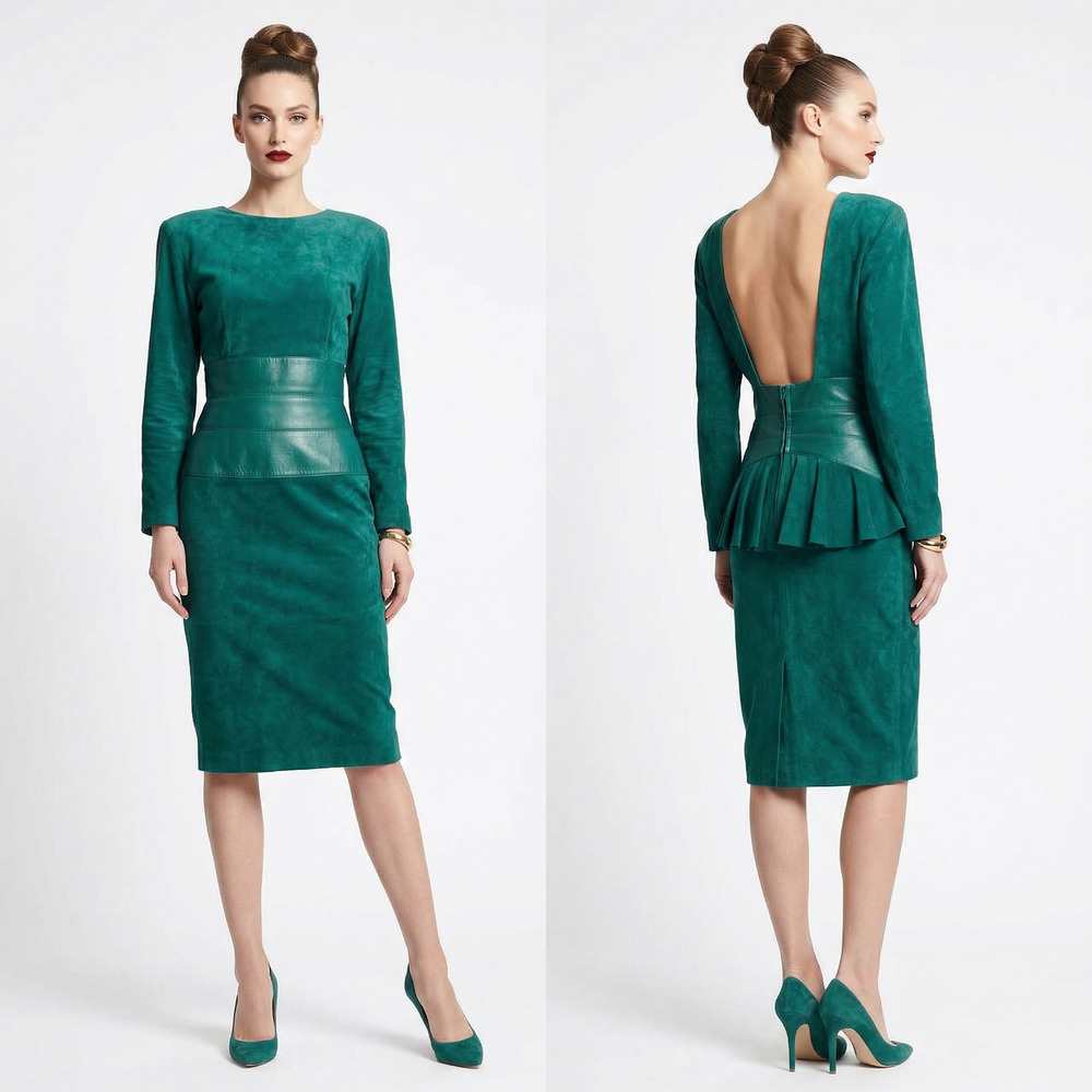 Vintage 80s Kid Suede & Leather Dress with Bustle Teal S